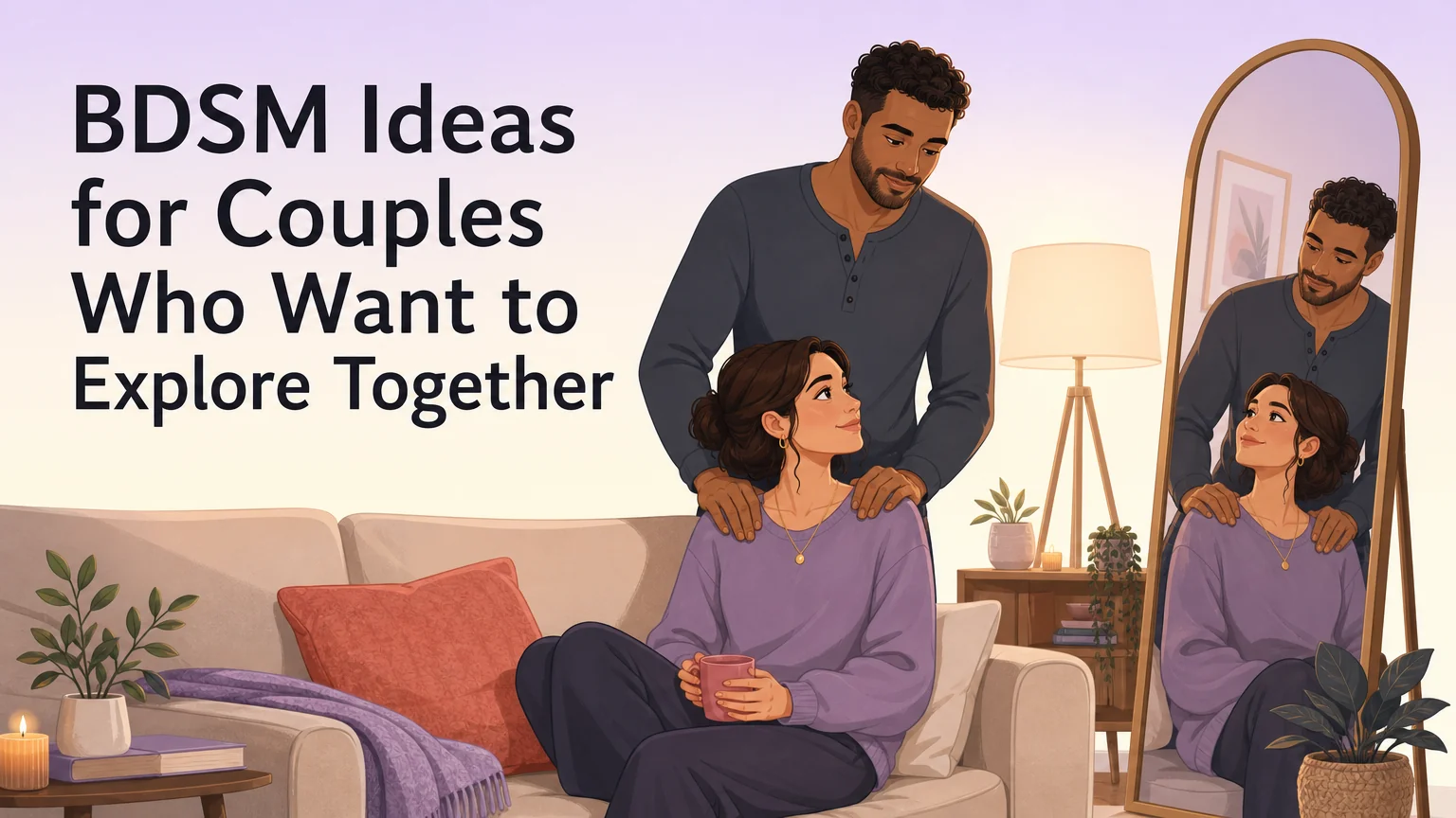 t characters in a warm living room, one standing behind the other with hands on shoulders, both looking at their reflection in a large floor mirror, soft lamp light, tender and emotionally grounded mood