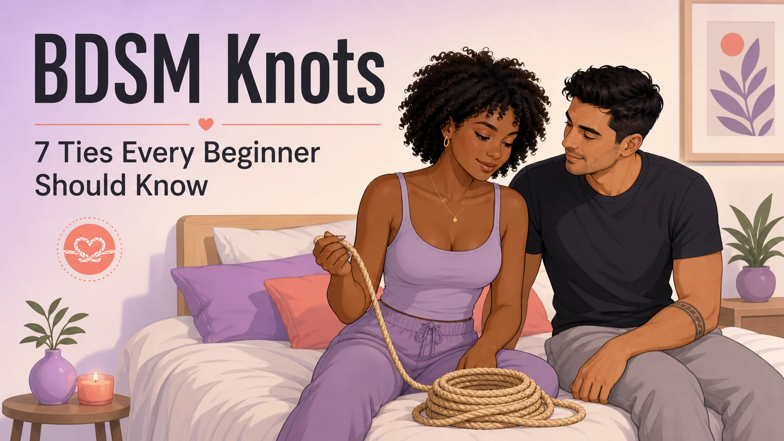 BDSM Knots cover illustration — a couple on a bed with rope, warm evening light, learning together
