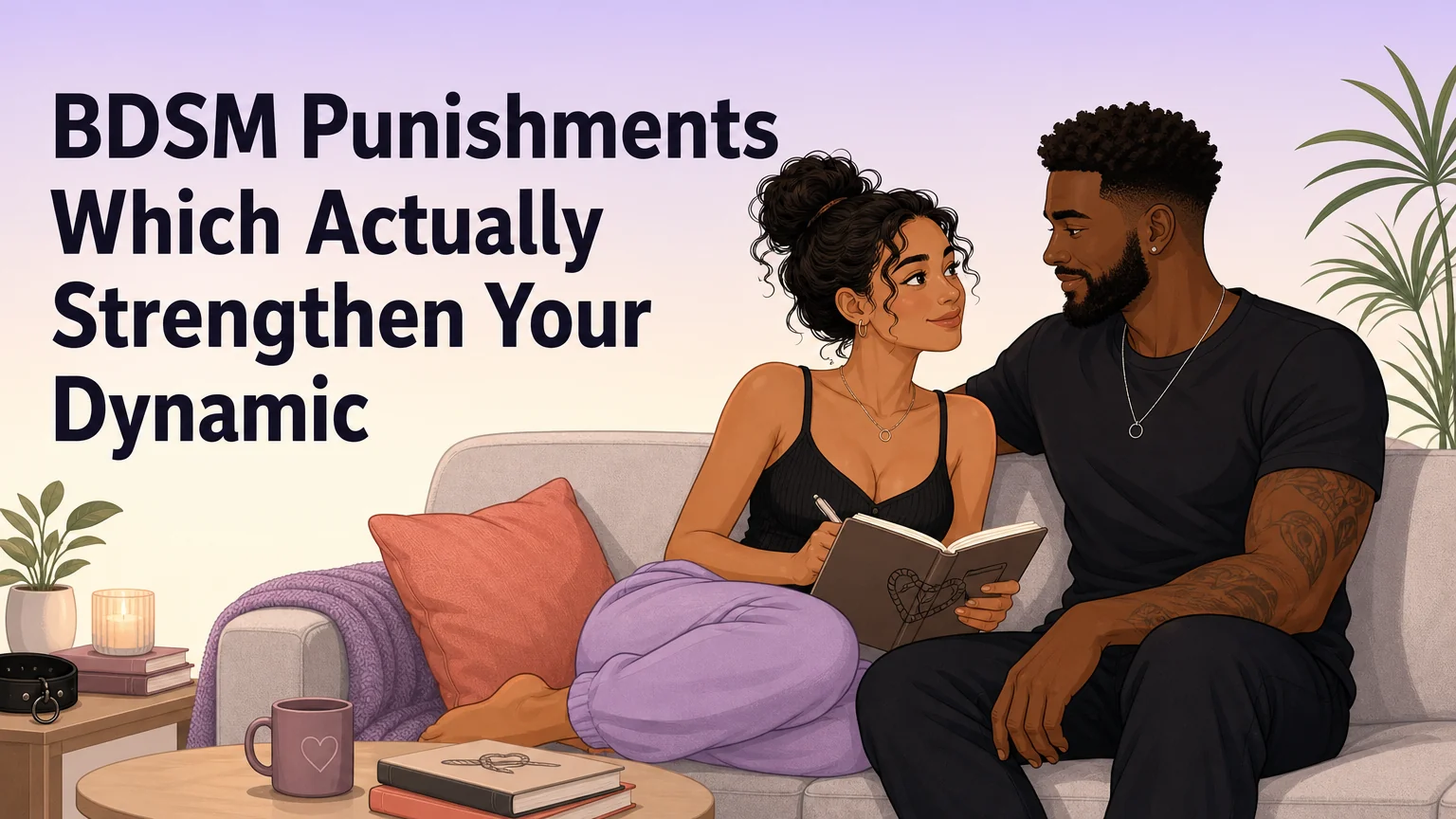 BDSM Punishments Which Actually Strengthen Your Dynamic — cover illustration of a couple in warm conversation on a couch at twilight