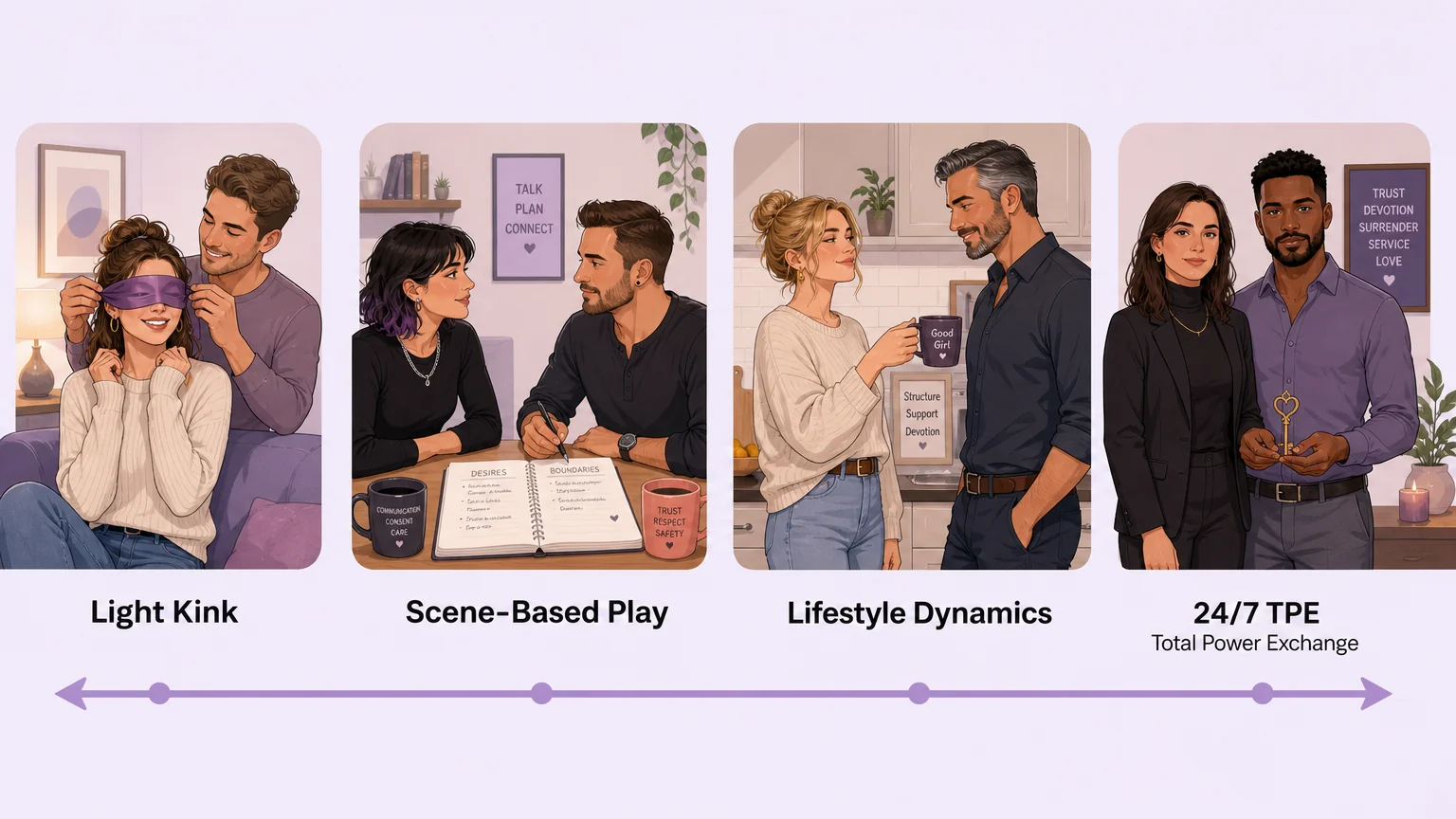 The BDSM spectrum — from light kink and scene-based play to lifestyle dynamics and 24/7 Total Power Exchange