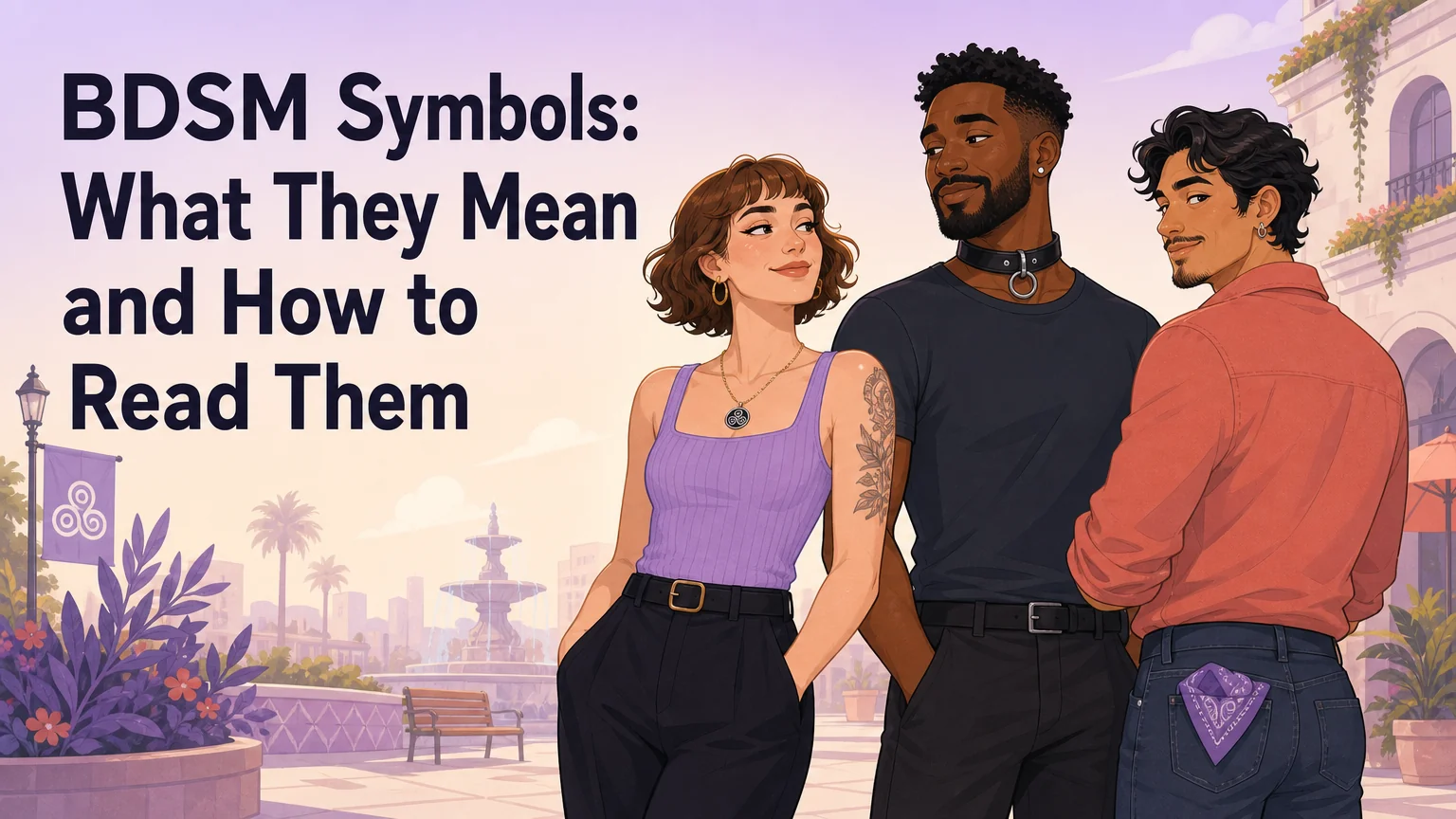 BDSM symbols guide cover illustration - three adults wearing subtle kink symbols: a triskelion pendant, a slim collar, a bandana
