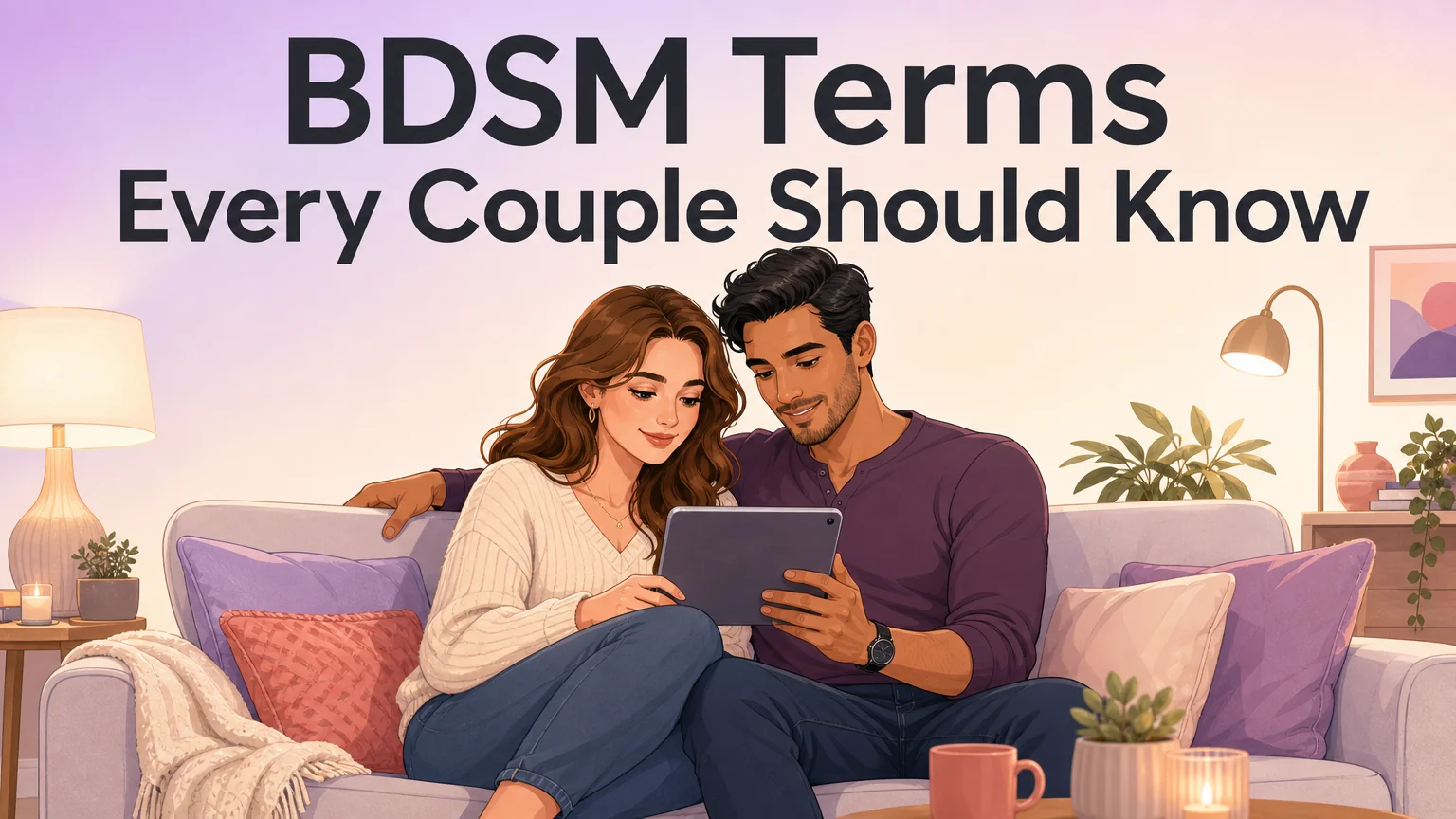 A couple sitting together on a couch, sharing a tablet with warm curiosity — cover image for the BDSM terms glossary