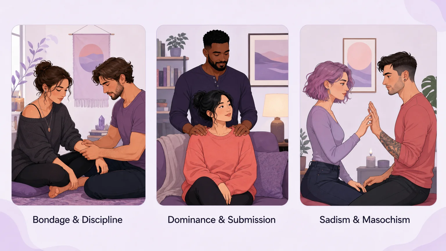 Three abstract panels illustrating the pillars of BDSM: Bondage and Discipline, Dominance and Submission, Sadism and Masochism