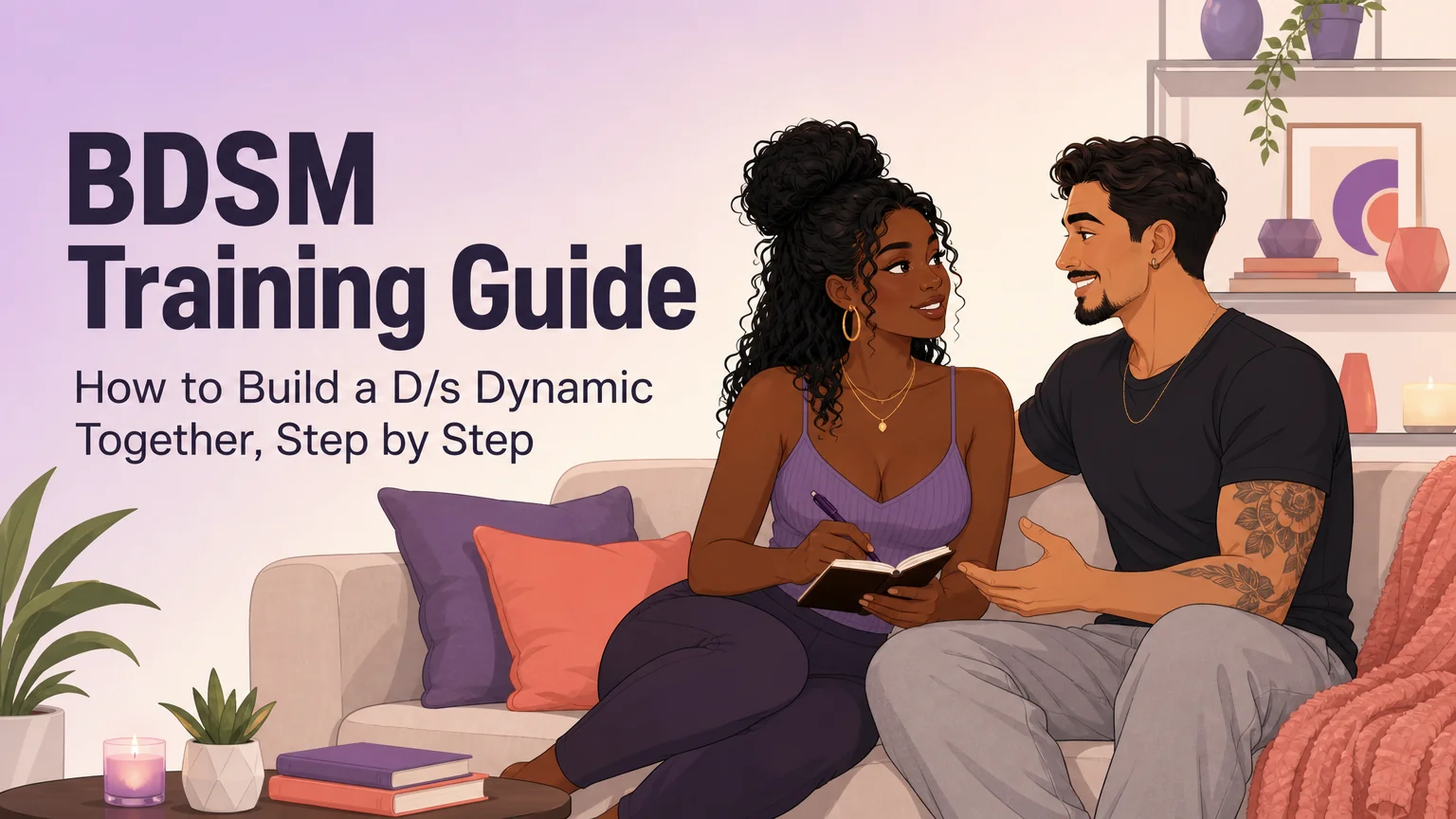 BDSM Training Guide cover illustration — two people in warm conversation on a couch, collaborative and intimate