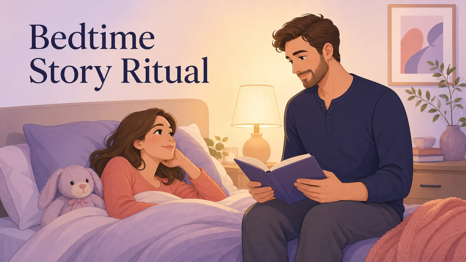 A caregiver reading a bedtime story to their partner tucked in bed with a stuffed animal