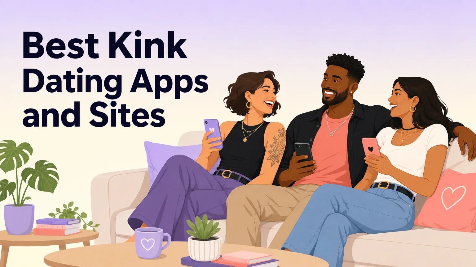 Cover image: three adult friends sitting on a couch with phones, laughing together, with the article title Best Kink Dating Apps and Sites for Singles, Couples, and the Curious