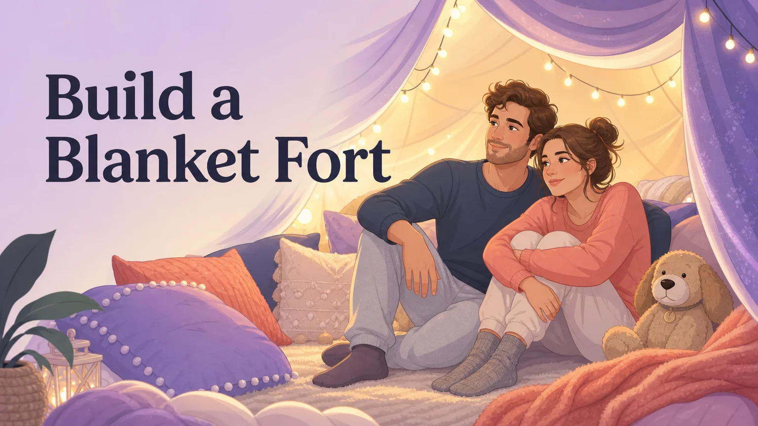 Two adults inside a cozy blanket fort with fairy lights and pillows
