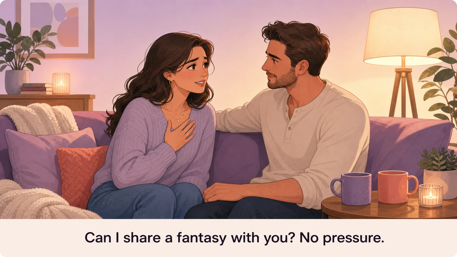 A woman on a sofa leaning in to tell her partner she has a fantasy to share