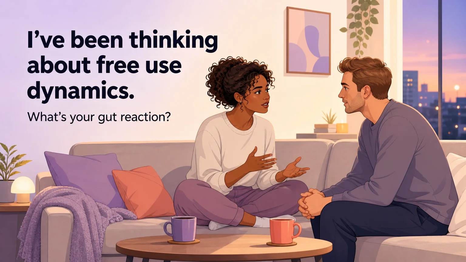 A couple having a vulnerable, honest conversation on the couch — bringing up free use with trust