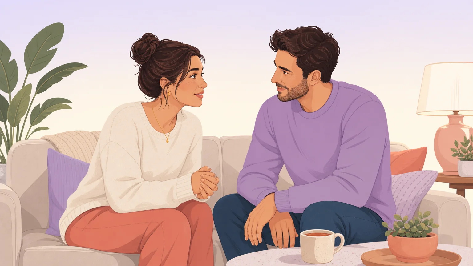 Illustration of a couple having a brave, tender conversation about kink