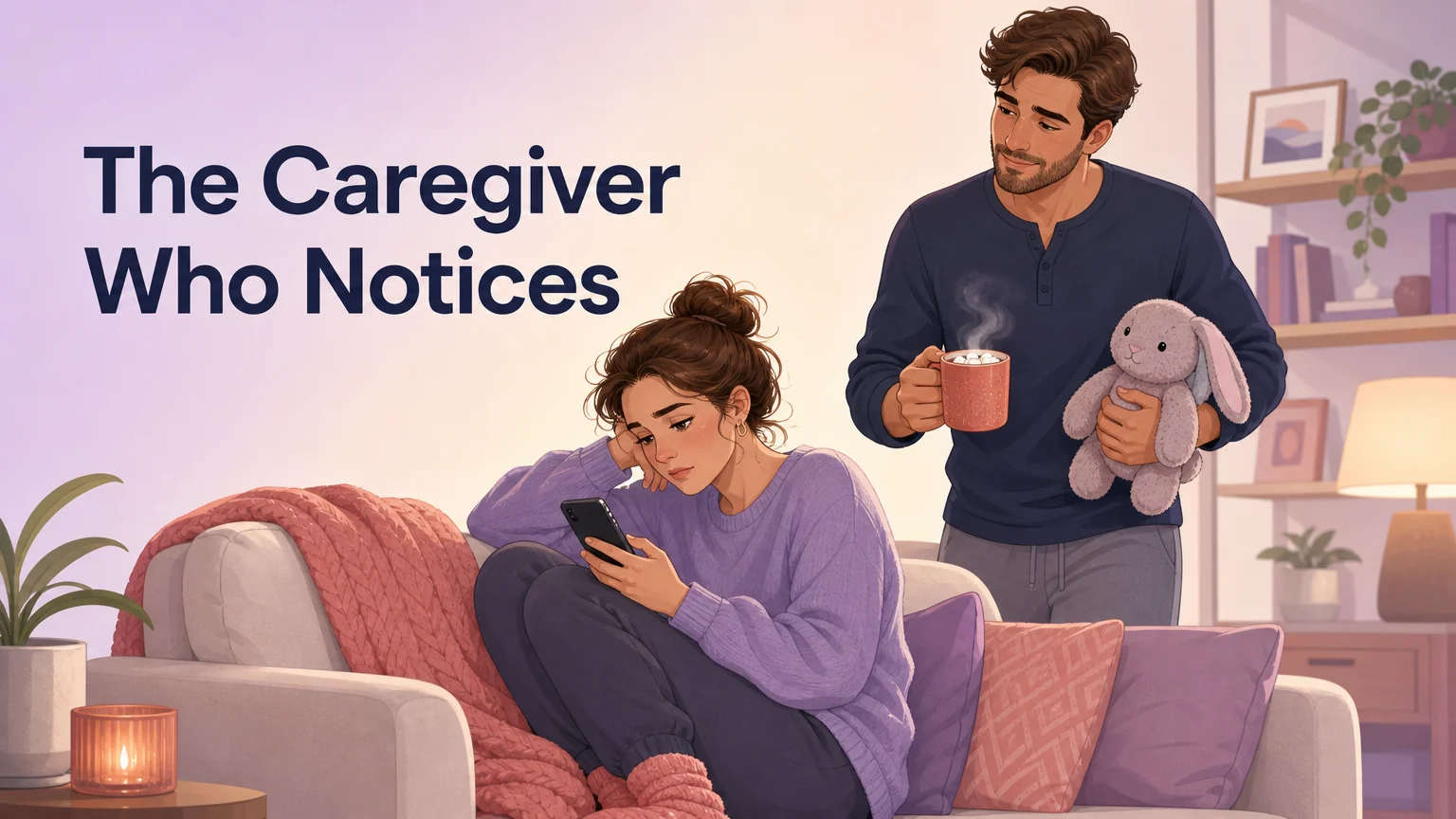 A caregiver approaching their tired partner on the couch with a warm mug and a stuffed animal