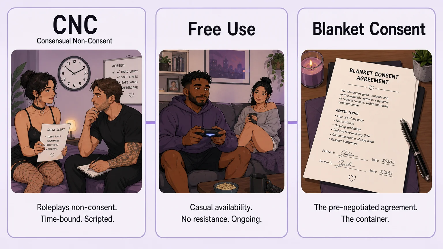 CNC, Free Use, and Blanket Consent compared side by side on a spectrum