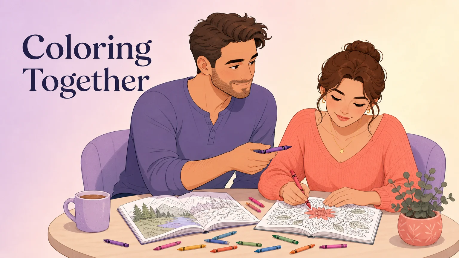 Two adults coloring together at a small table, one offering a crayon to the other