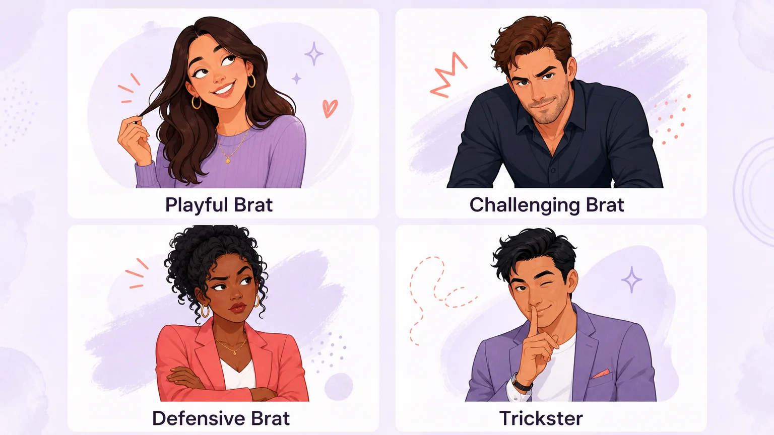 Four types of brats: Playful, Challenging, Defensive, and Trickster