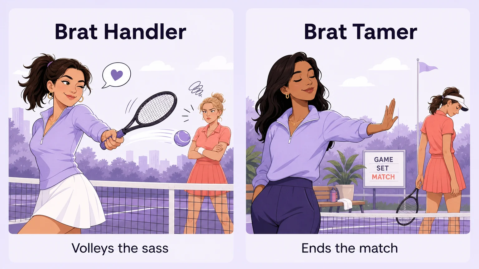 Brat handler versus brat tamer: volleying the sass back versus calmly ending the match