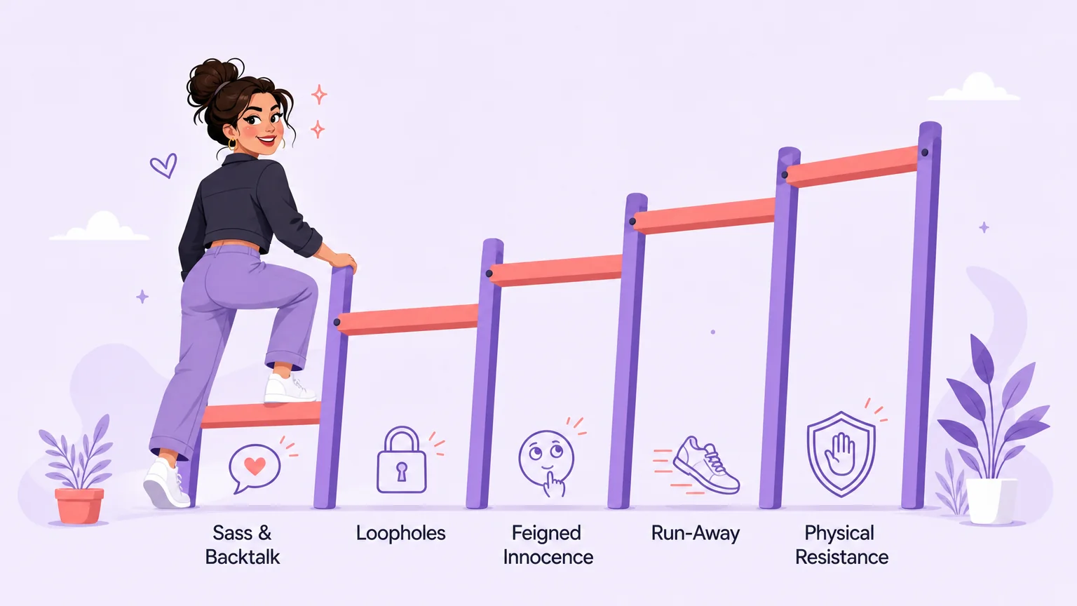 The brat move ladder: sass and backtalk, loopholes, feigned innocence, run-away, physical resistance