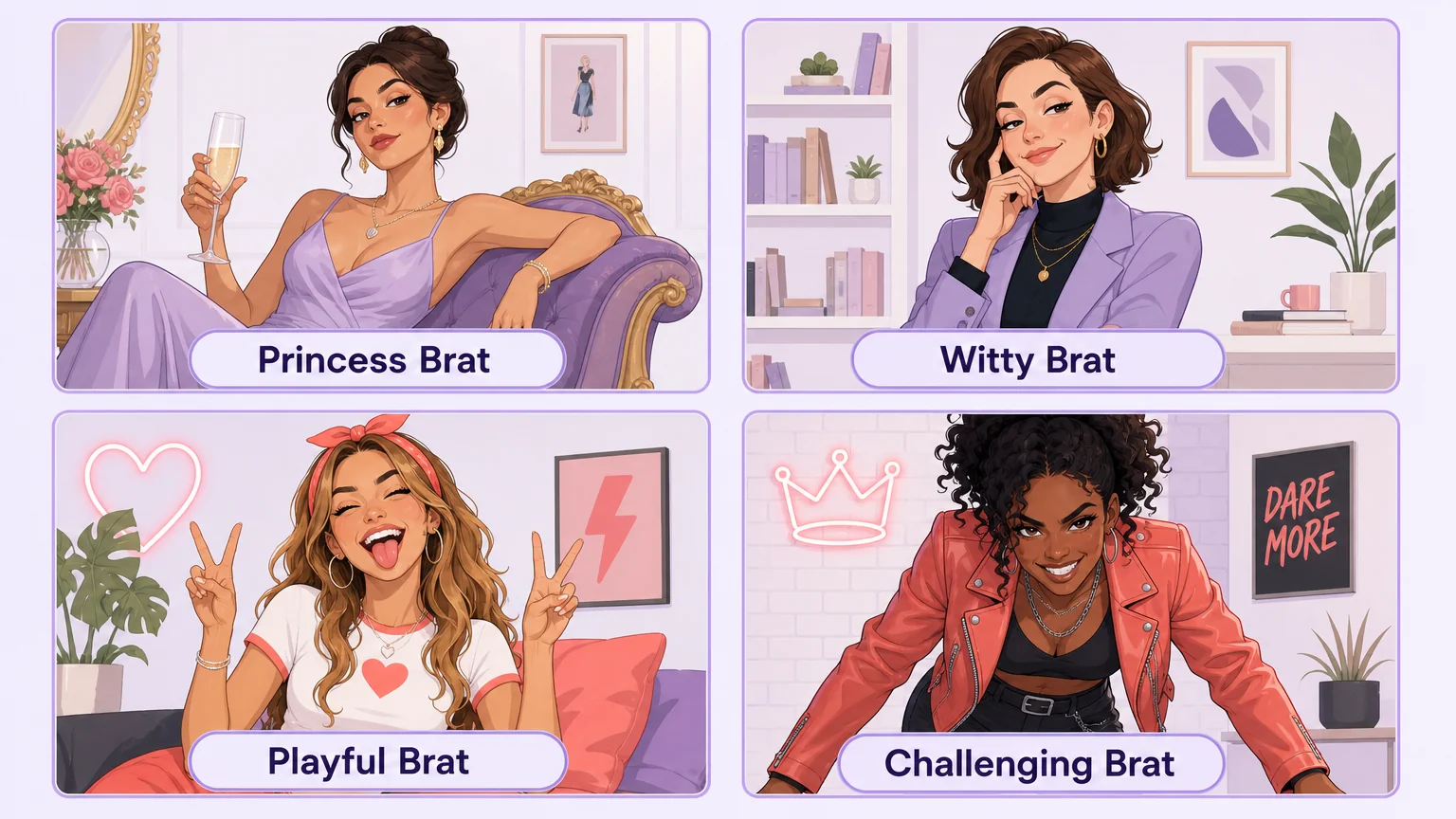 Four styles of brat: Princess Brat, Witty Brat, Playful Brat, and Challenging Brat