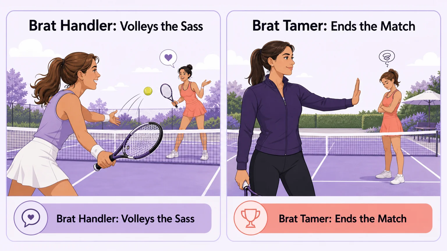 Brat handler versus brat tamer: volleying the sass back versus calmly ending the match