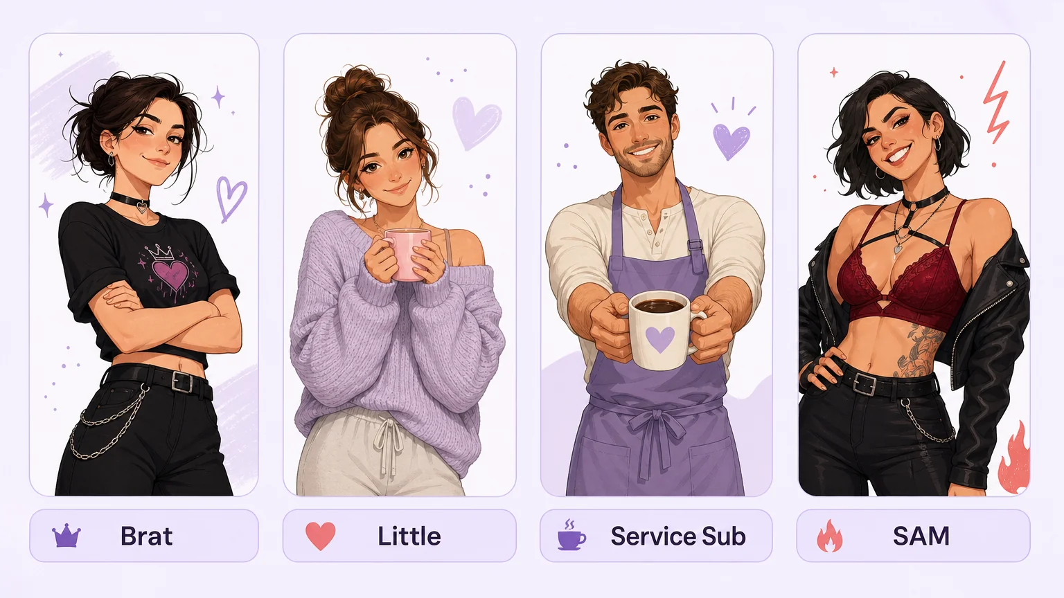Four BDSM roles compared: Brat, Little, Service Sub, and SAM