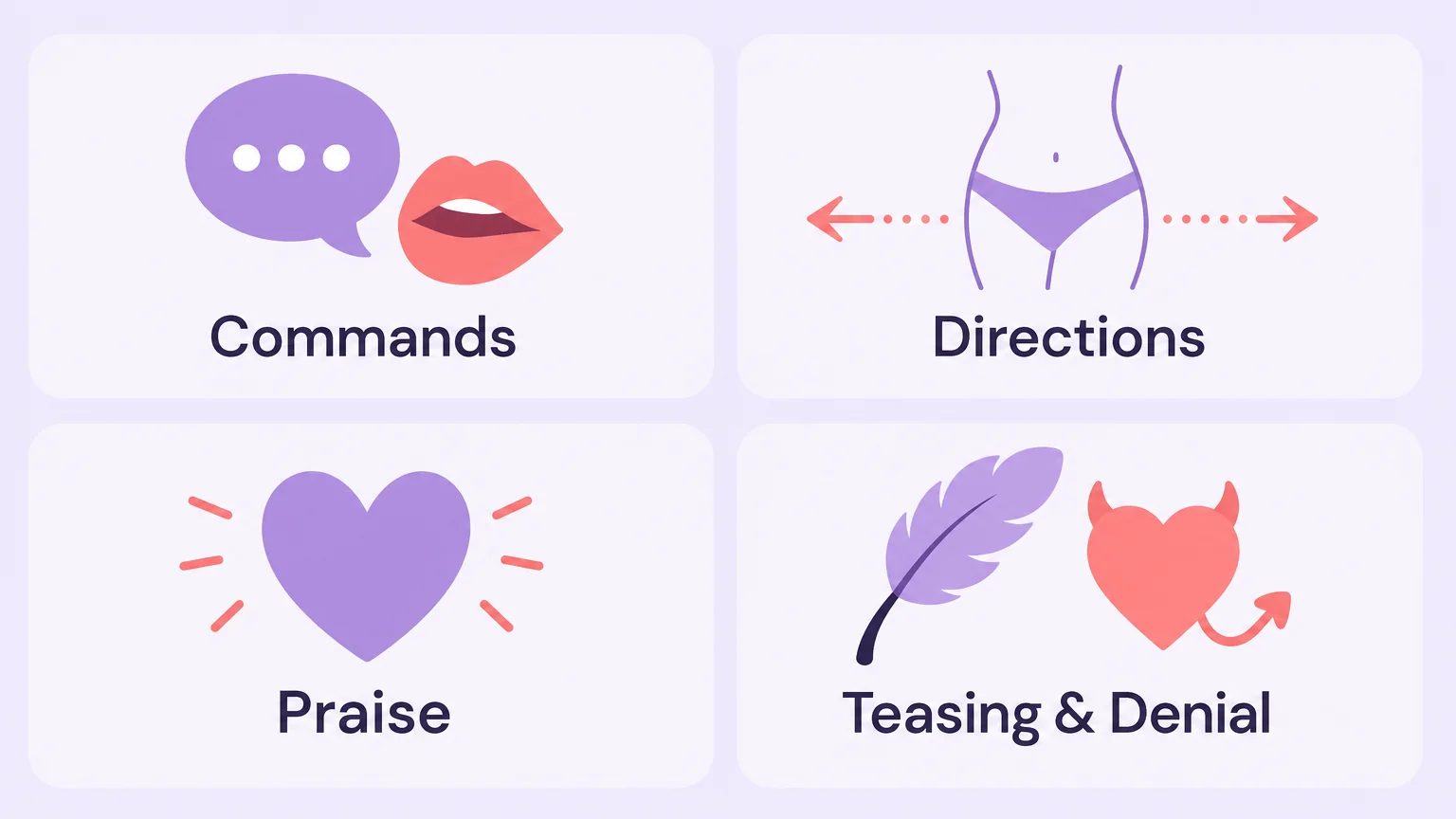Dirty talk vocabulary bank organized by commands, directions, praise, and teasing