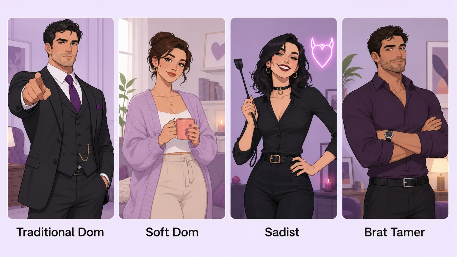 Comparison of dominant styles: traditional Dom, soft Dom, sadist, and brat tamer