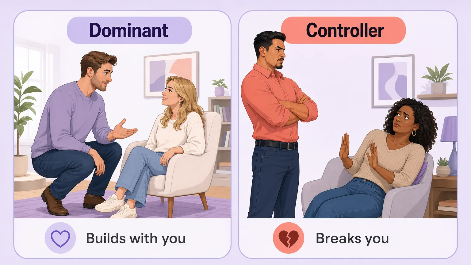Comparison of a dominant man who builds with you versus a controller who breaks you
