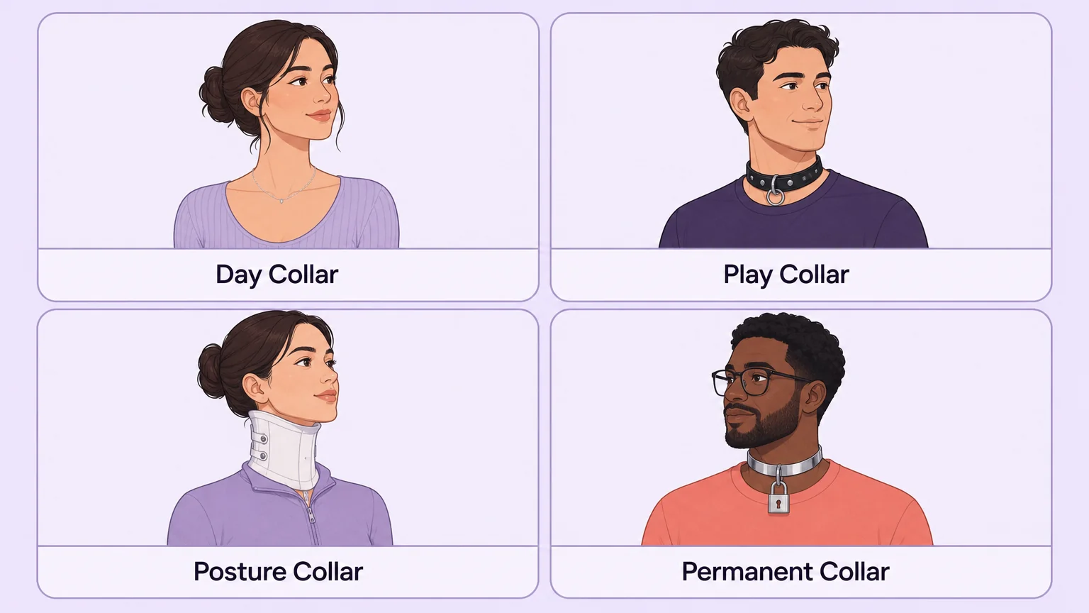 Four types of BDSM collars: day collar, play collar, posture collar, and permanent collar