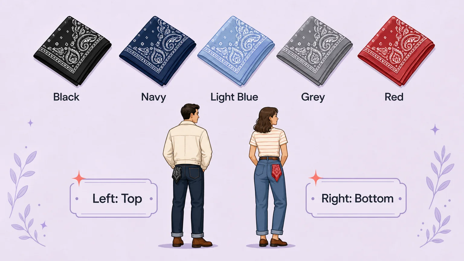 Handkerchief code colors: black, navy, light blue, grey, and red bandanas, with left pocket for top and right pocket for bottom