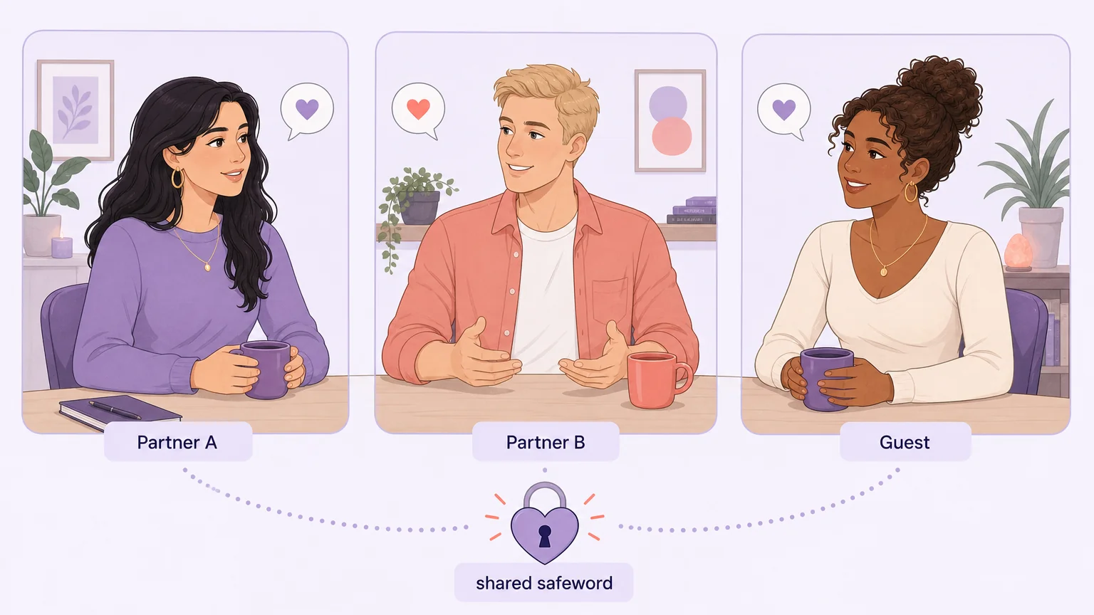 Triadic kink negotiation: Partner A, Partner B, and Guest with a shared safeword