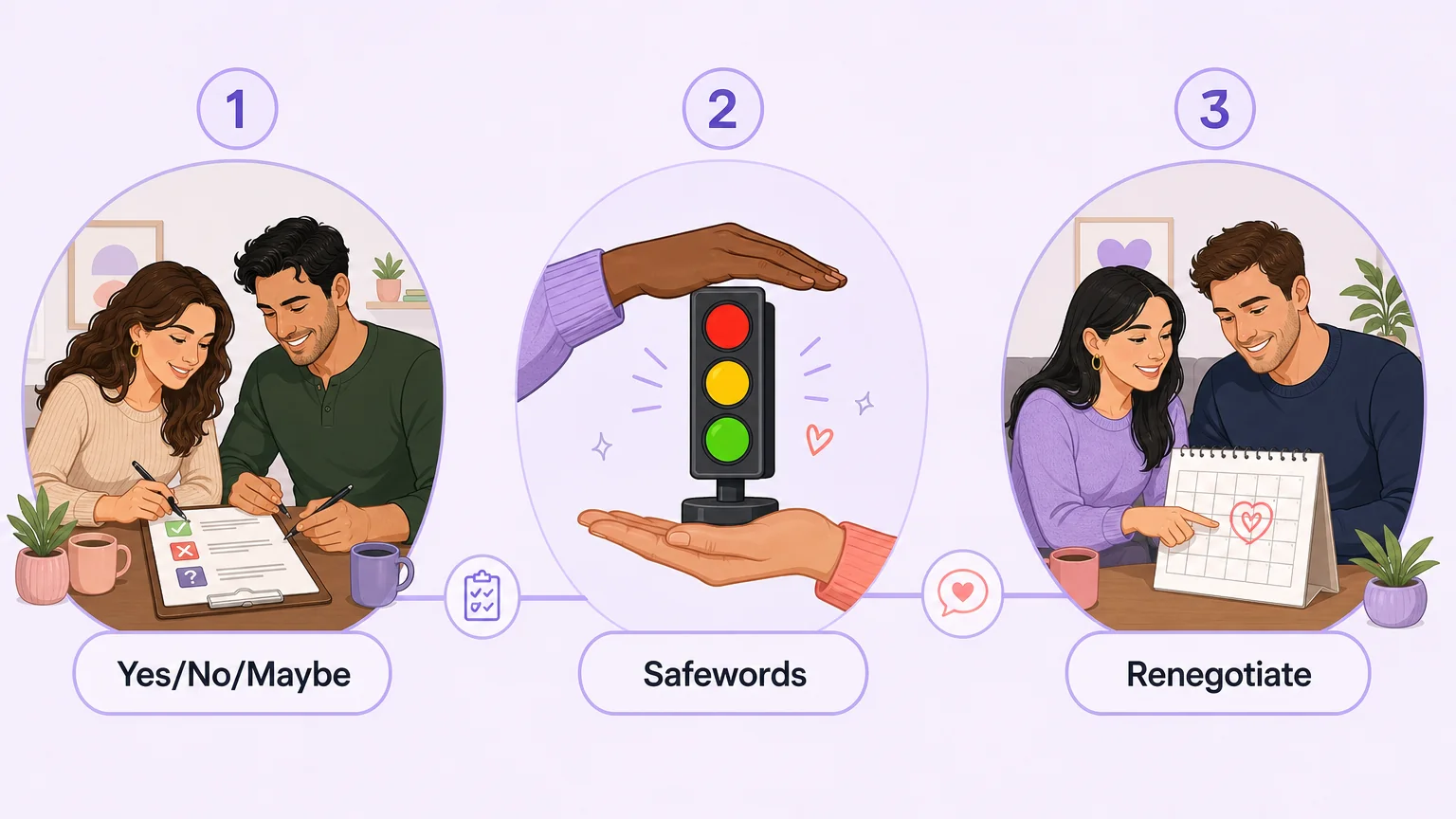 Three-step illustration of negotiating a power dynamic: a Yes/No/Maybe list, safewords, and renegotiating