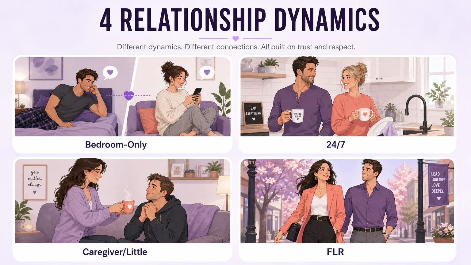 Concept illustration: relationship dynamics from bedroom-only to 24/7, caregiver/little, and female-led relationships