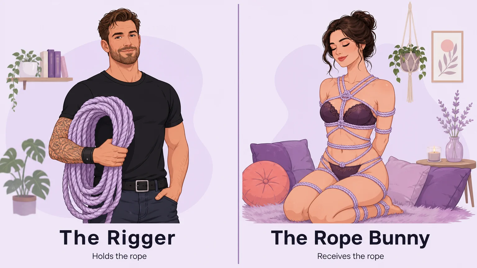 Two-panel illustration comparing the rigger who holds the rope and the rope bunny who receives it