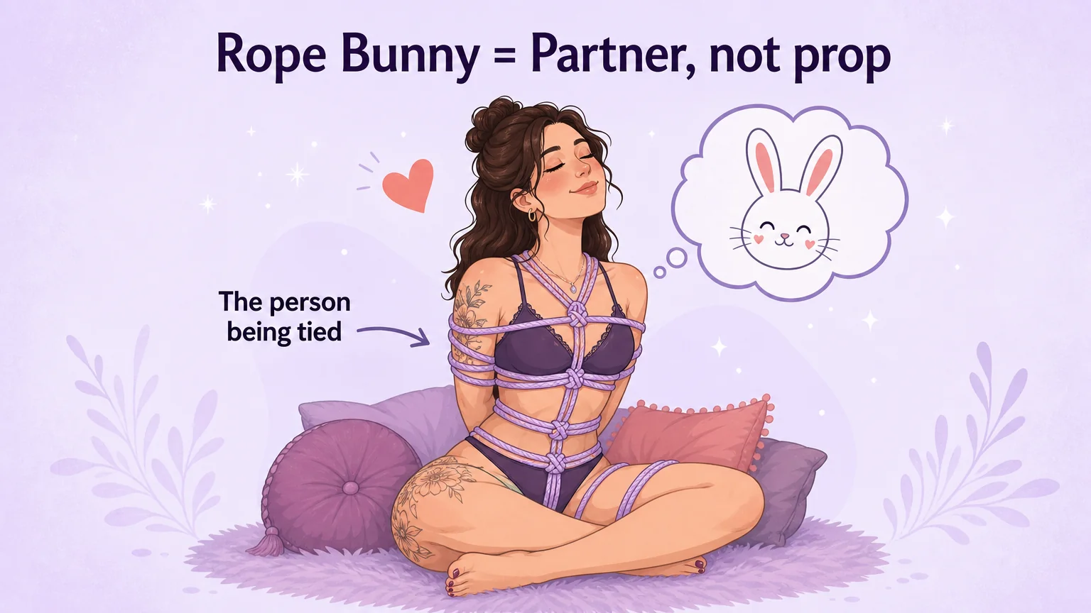Illustration of a rope bunny, a person sitting calmly wrapped in soft decorative rope, labeled partner not prop