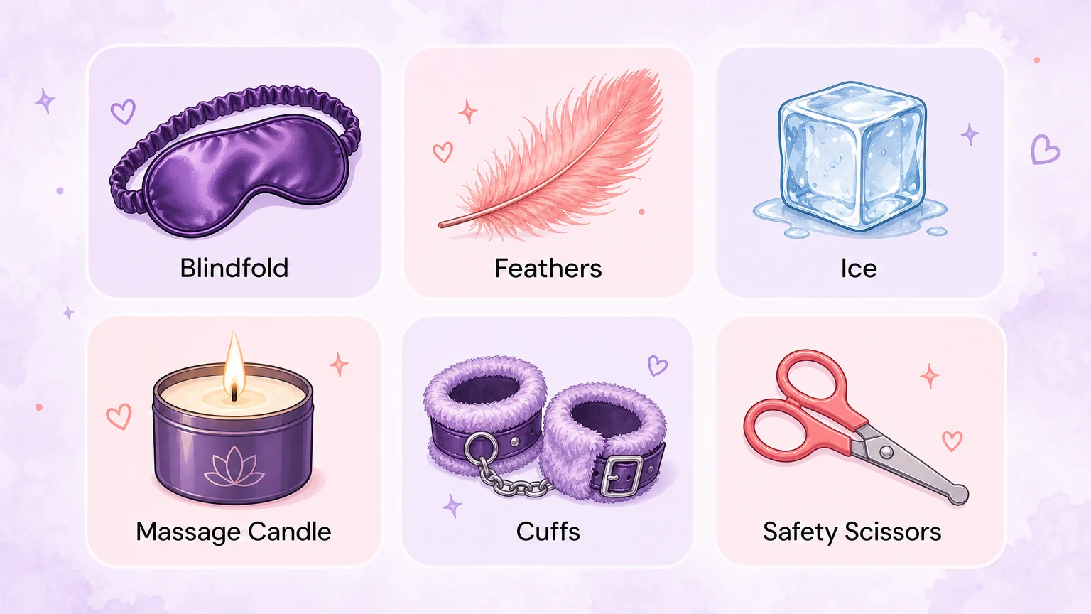 Sensual domination starter toolkit: blindfold, feathers, ice, massage candle, cuffs, and safety scissors