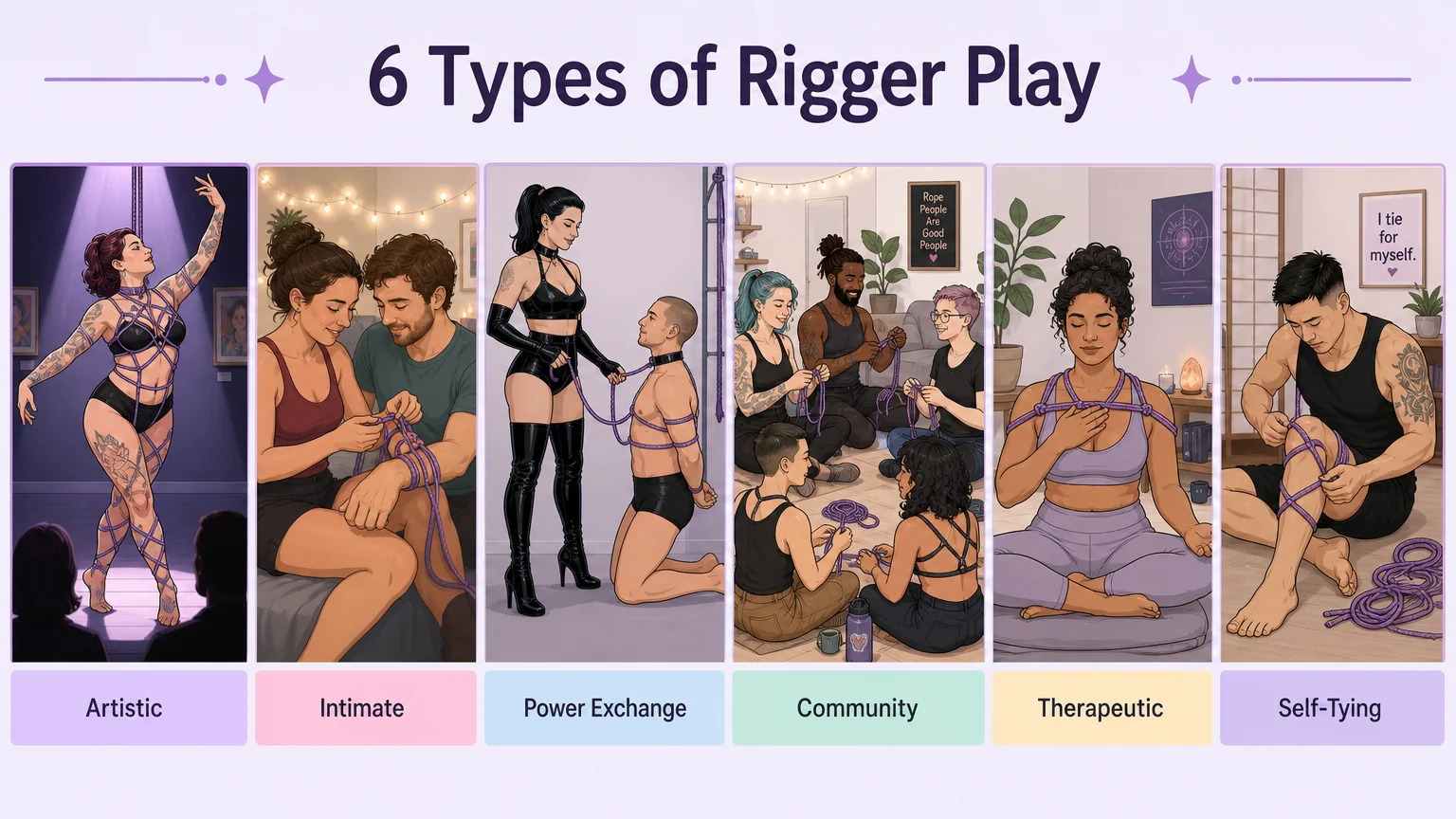 Visual spectrum of 6 types of rigger play: Artistic, Intimate, Power Exchange, Community, Therapeutic, and Self-Tying