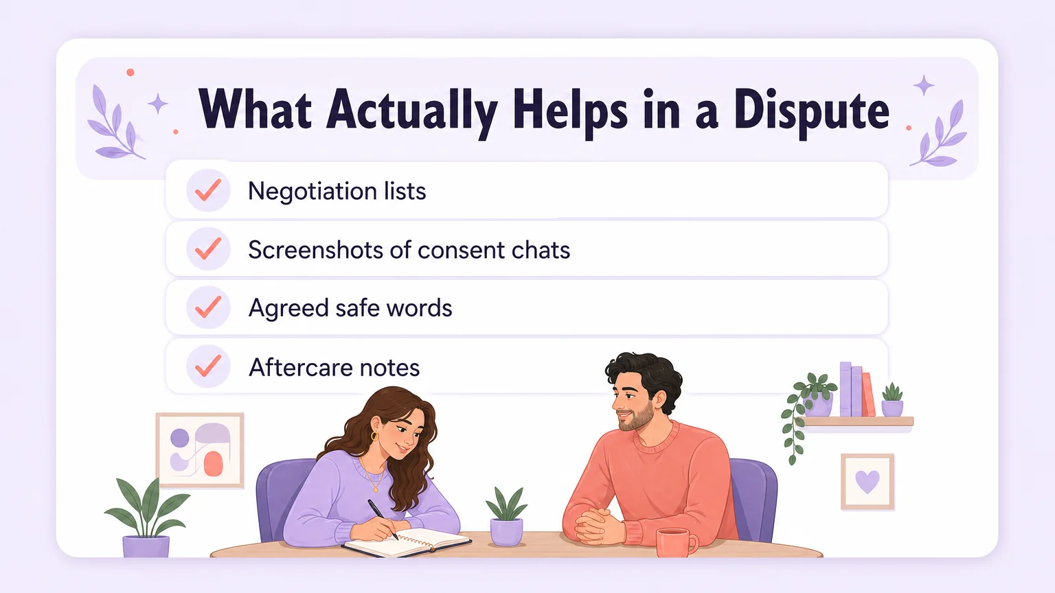 Checklist of what actually helps in a dispute — negotiation lists, consent chat screenshots, safe words, aftercare notes
