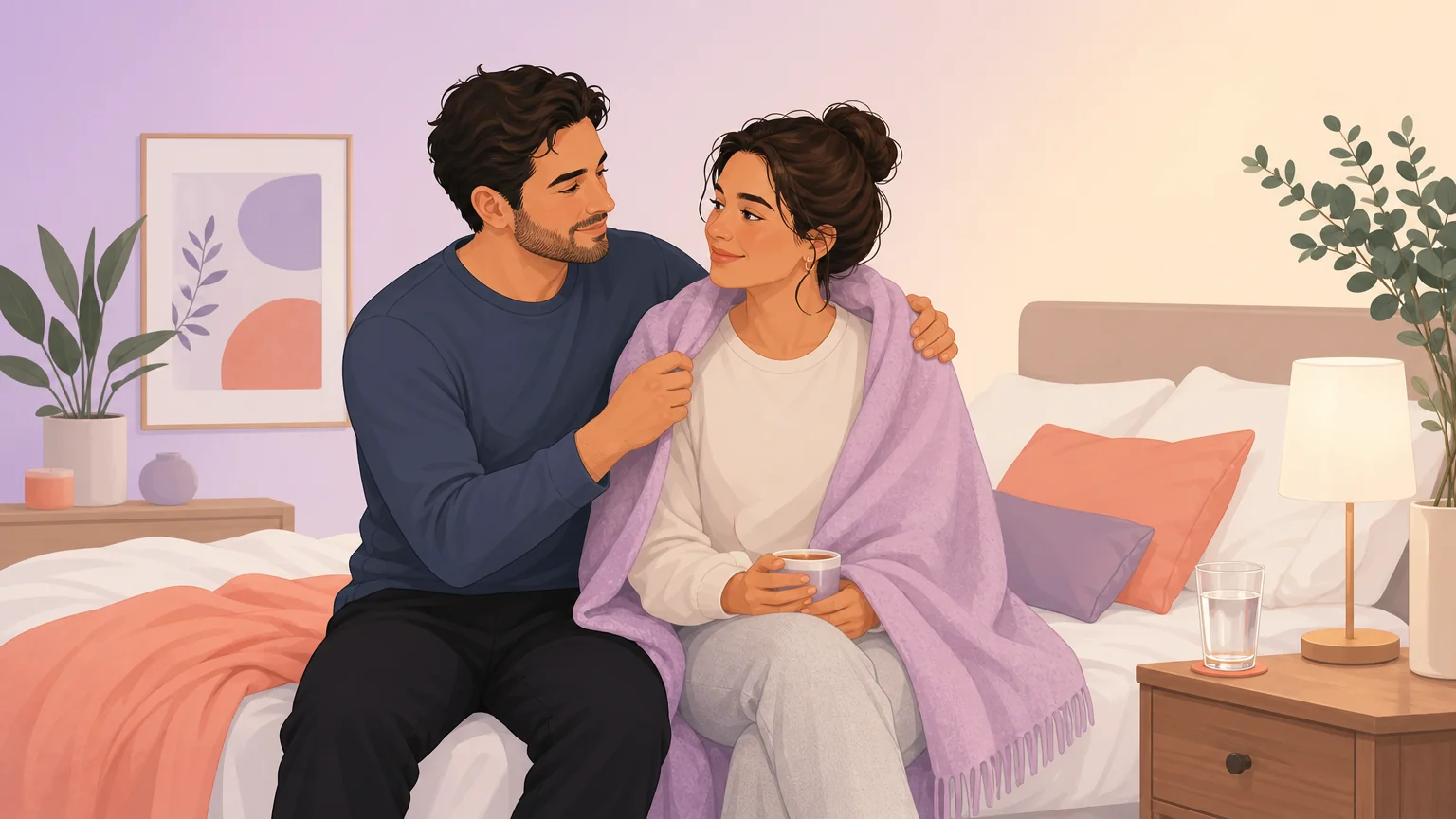 A daddy dom aftercare moment: one adult partner wraps a soft blanket around the other