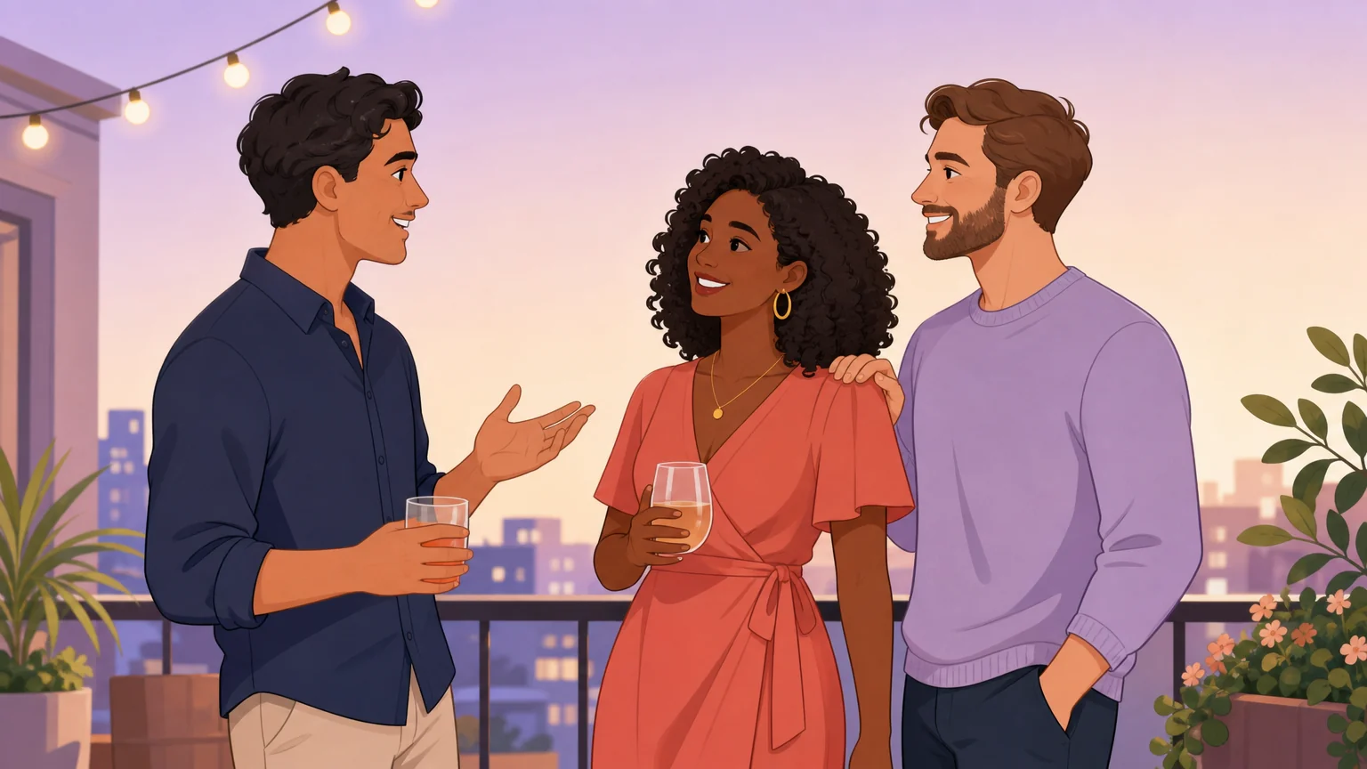 Three adults having an open, calm conversation on a balcony