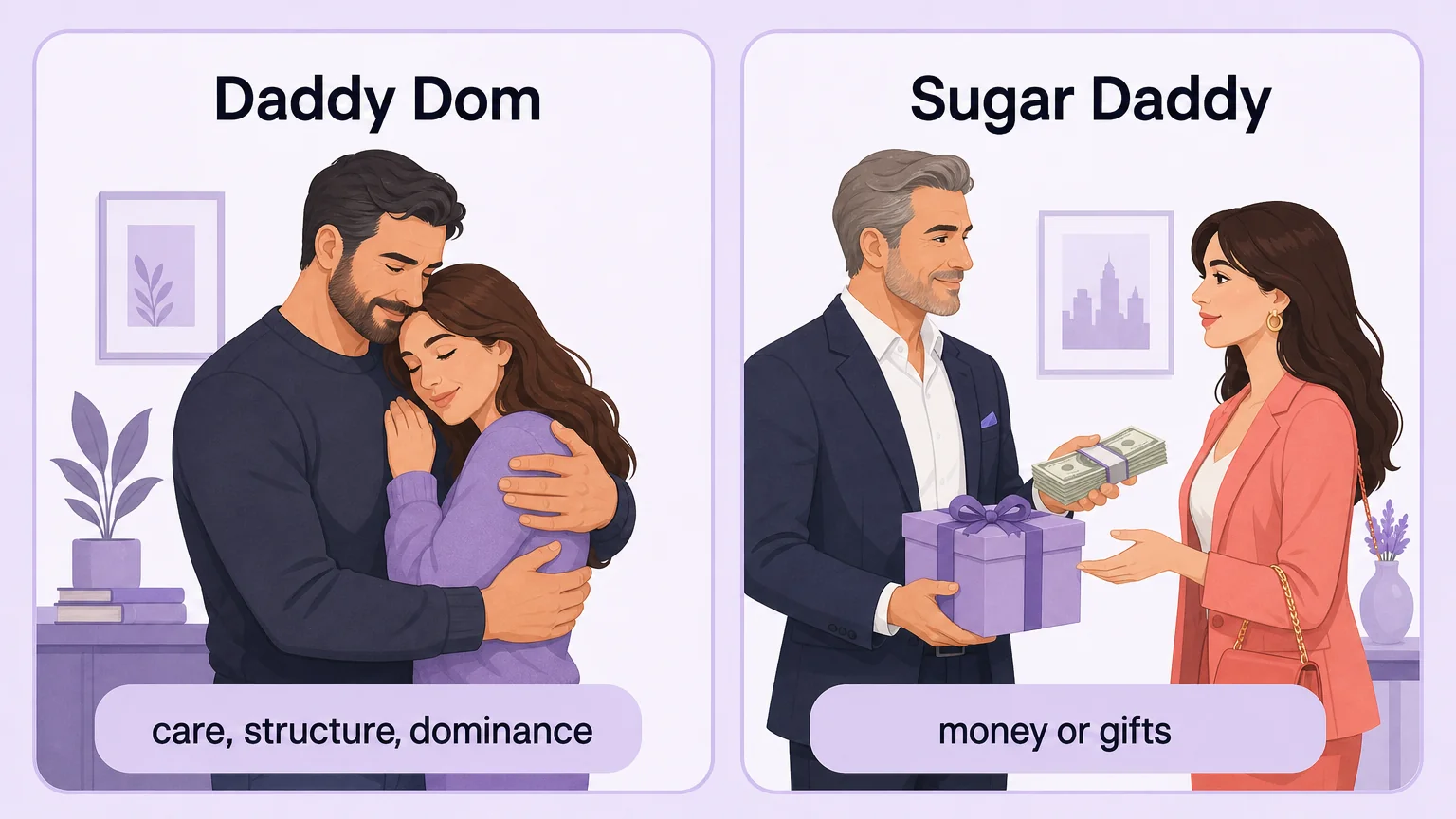 Daddy dom vs sugar daddy: two panels comparing care and structure with money and gifts