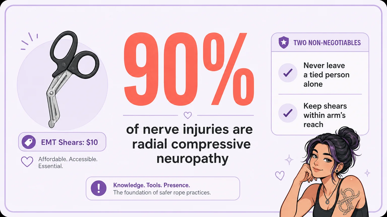 Infographic card highlighting key rope bondage safety data: 90% of nerve injuries are radial compressive neuropathy, plus the two non-negotiables