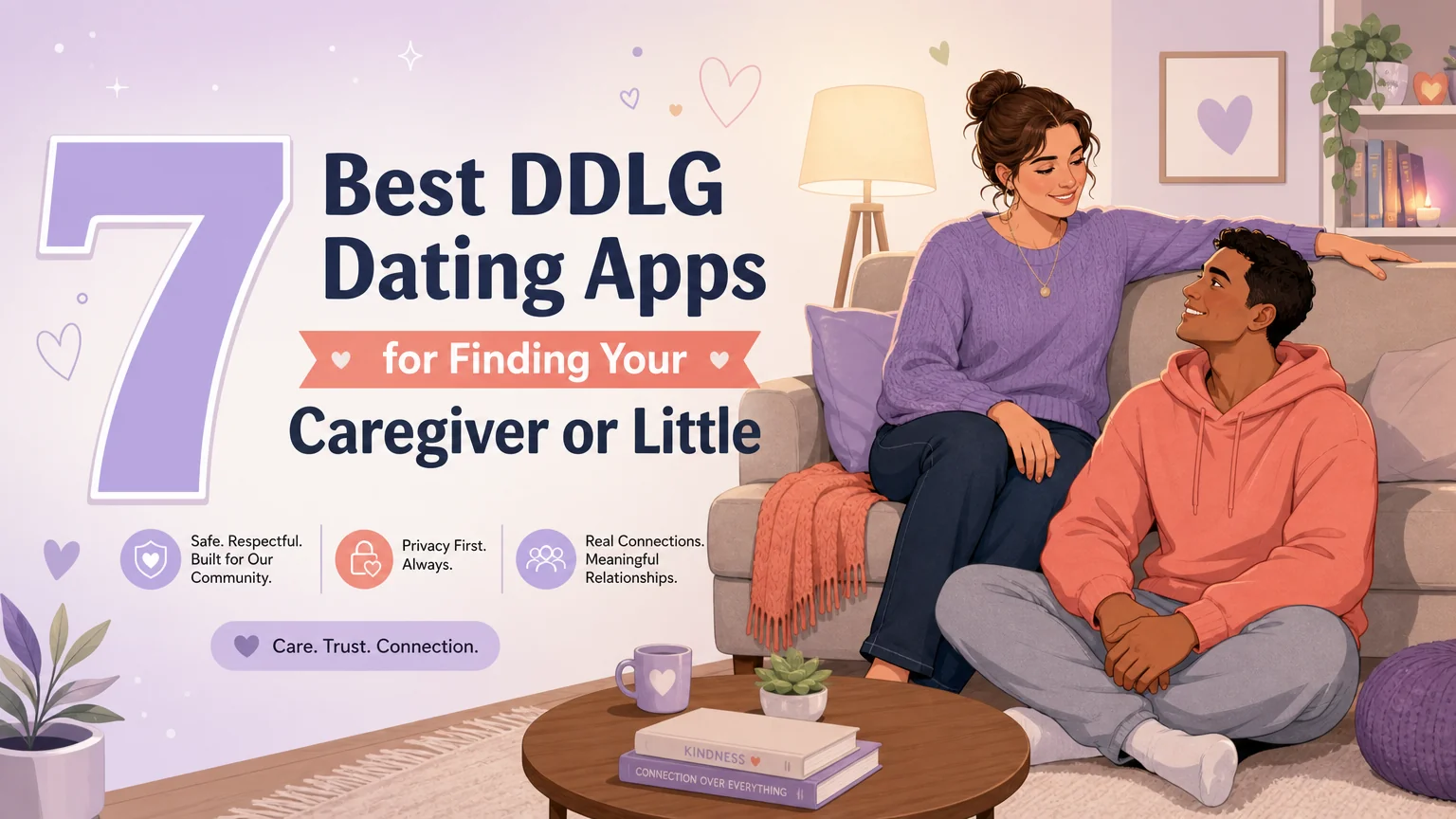 DDLG dating app cover — two adults in a warm living room scene, caregiver and little dynamic, soft pastel illustration
