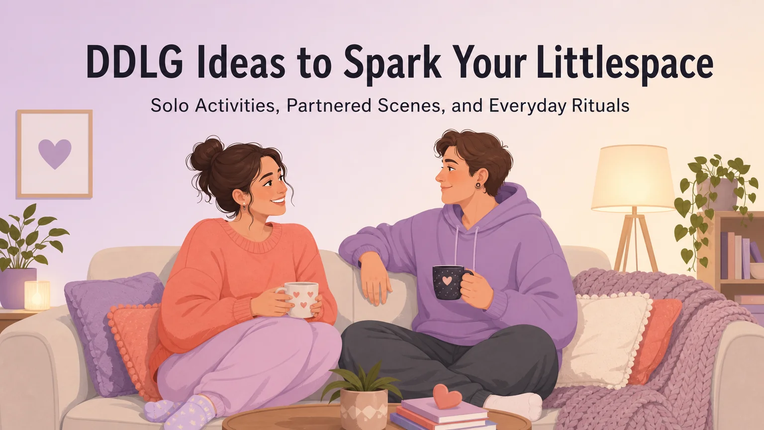 DDLG ideas cover illustration showing two adults on a cozy sofa in a warm pastel room