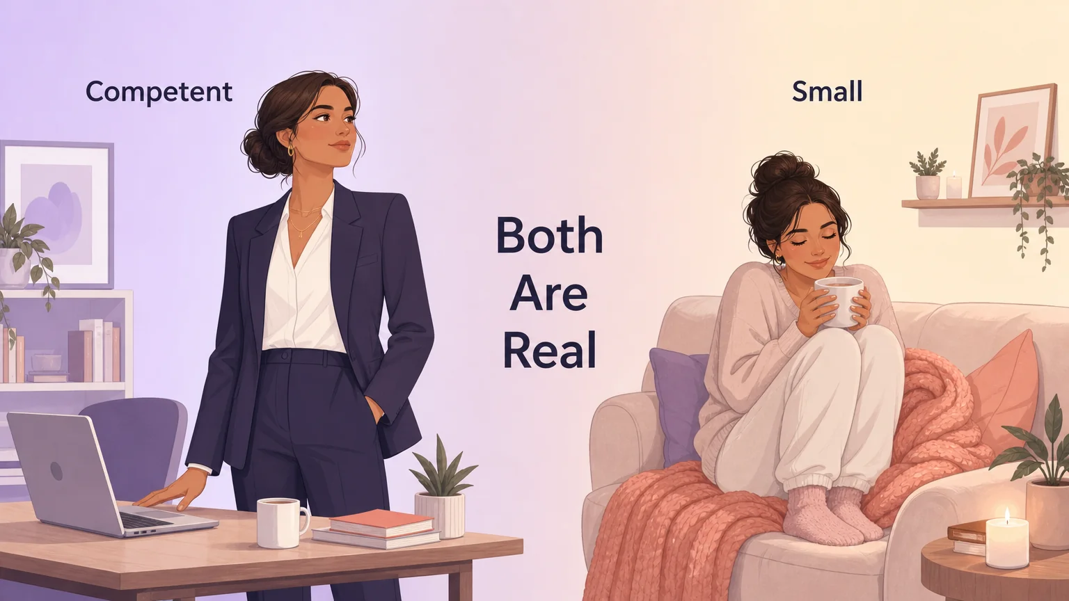 Split-scene of the same adult woman on both sides — left: professional at a desk, right: curled up peacefully on a sofa — both are real