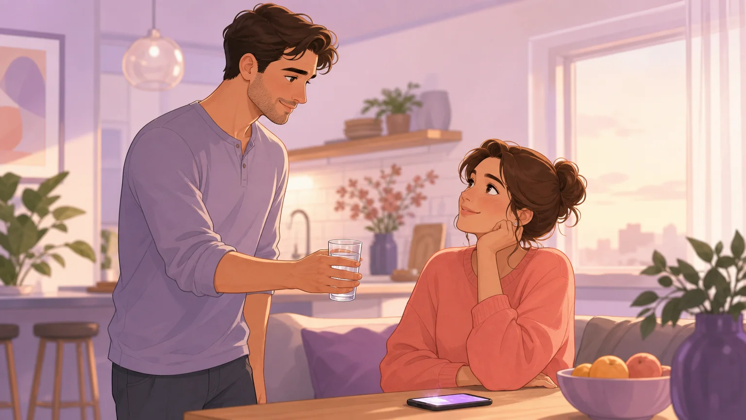 One adult offering a glass of water to another in a cozy kitchen — daily care as a love language
