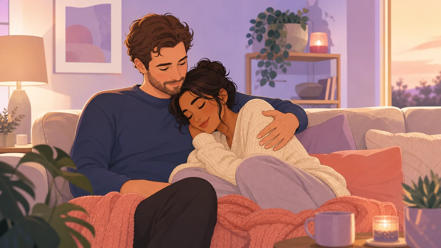 Two adults in a warmly lit living room — one held protectively by the other, eyes closed, expression peaceful