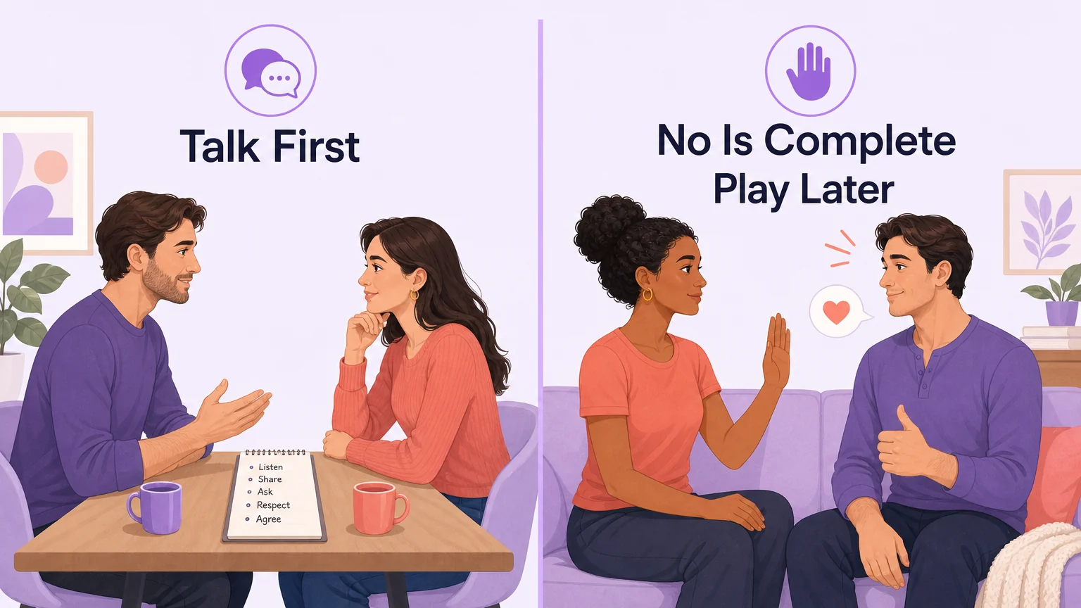 Split-frame concept: left side shows two adults talking calmly at a table, right side shows a gentle boundary gesture — communication and consent as foundation