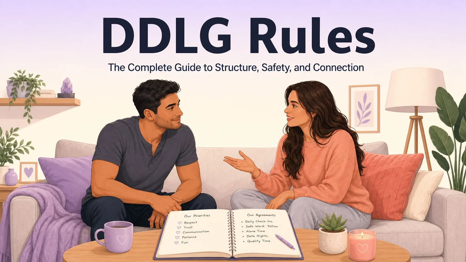 DDLG Rules cover illustration — a couple sitting together on a couch, building their dynamic collaboratively