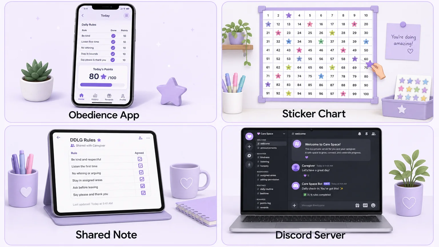Four tracking tools compared: the Obedience app, a physical sticker chart, a shared digital note, and a Discord server