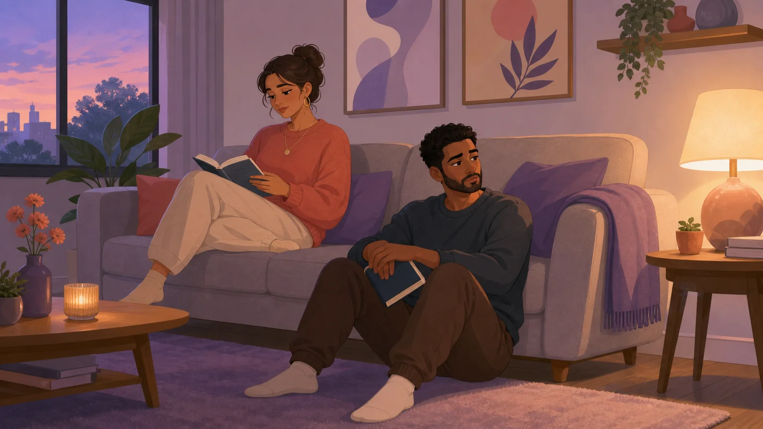 A couple in a living room — one on the couch, one on the floor beside them, the small distance carrying meaning