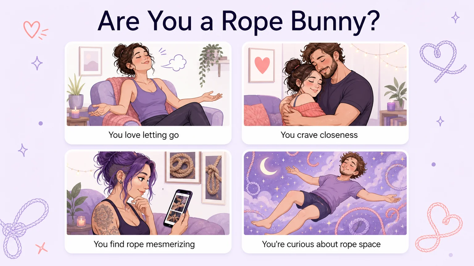 Four-panel self-assessment grid of signs you might love being tied, from loving letting go to curiosity about rope space